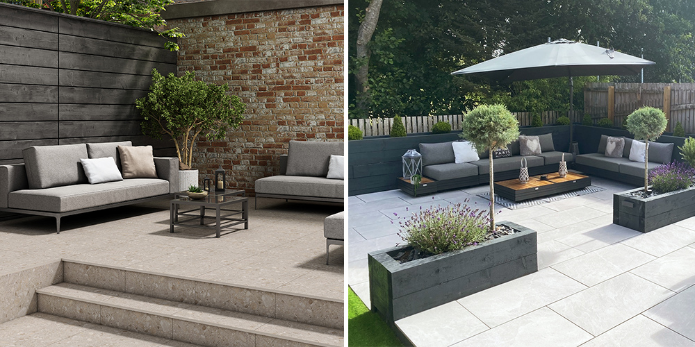 (Left) Ceppo natural patio porcelain paving, (Right) Rock slate grigio patio porcelain paving